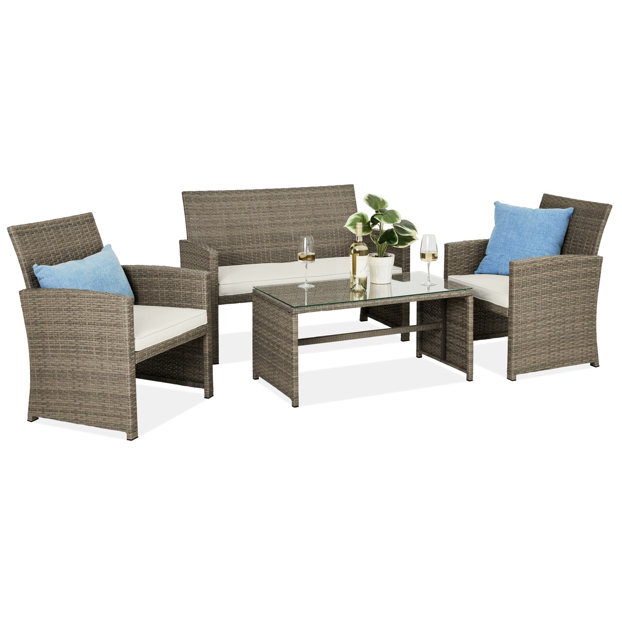 Best Choice Products 4-Piece Outdoor Wicker Patio Conversation Furniture Set w/ Table, Cushions